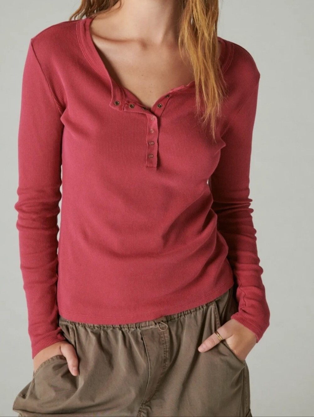 Time And Tru 2XL Red Waffle Knit Henley Long Sleeve Shirt Women's Stretch